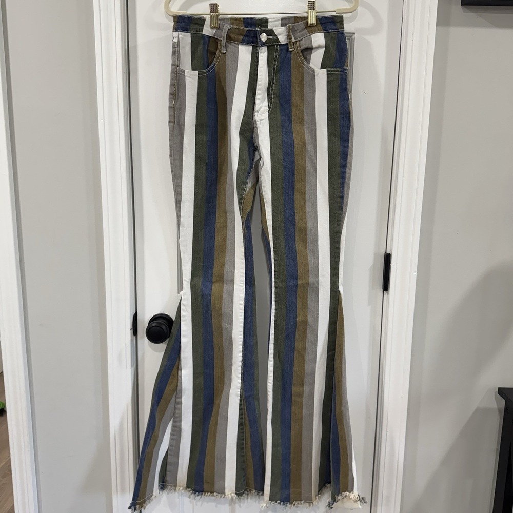 Saints & Hearts Striped Bell Bottom Jeans Boho Flare Raw Hem M